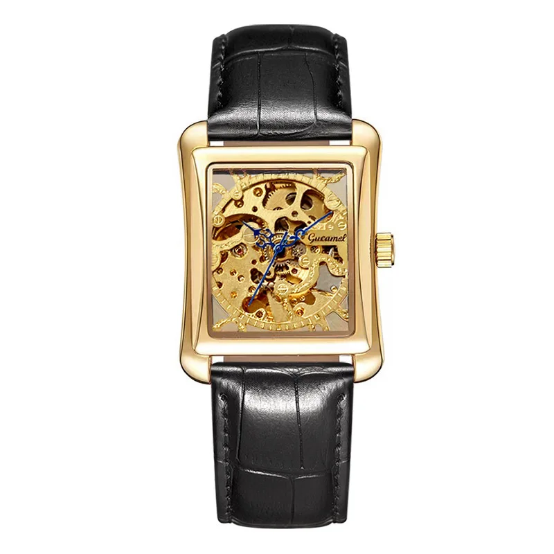 

Мужские механические часы Square Watch с прозрачным корпусом, ручным заводом, модные деловые часы с ремешком