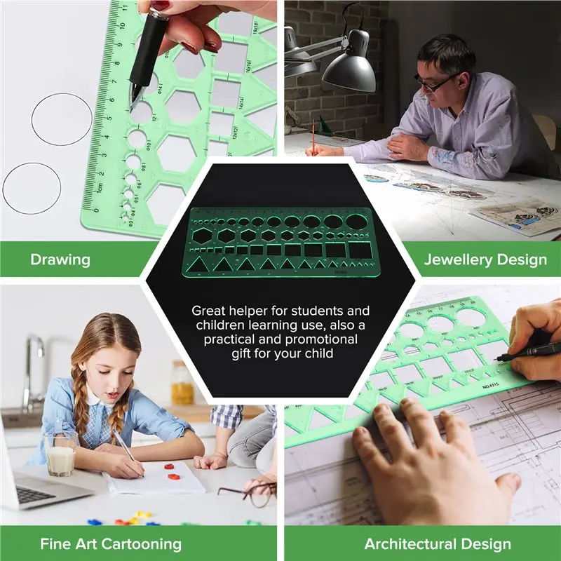 Green Plastic Circles Squares Hexagons Geometric Template Ruler 0-20Cm