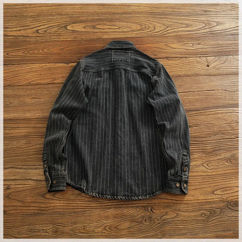 Vintage black gray to do old shirt men spring and autumn loose casual wash denim coat vintage striped cargo shirt