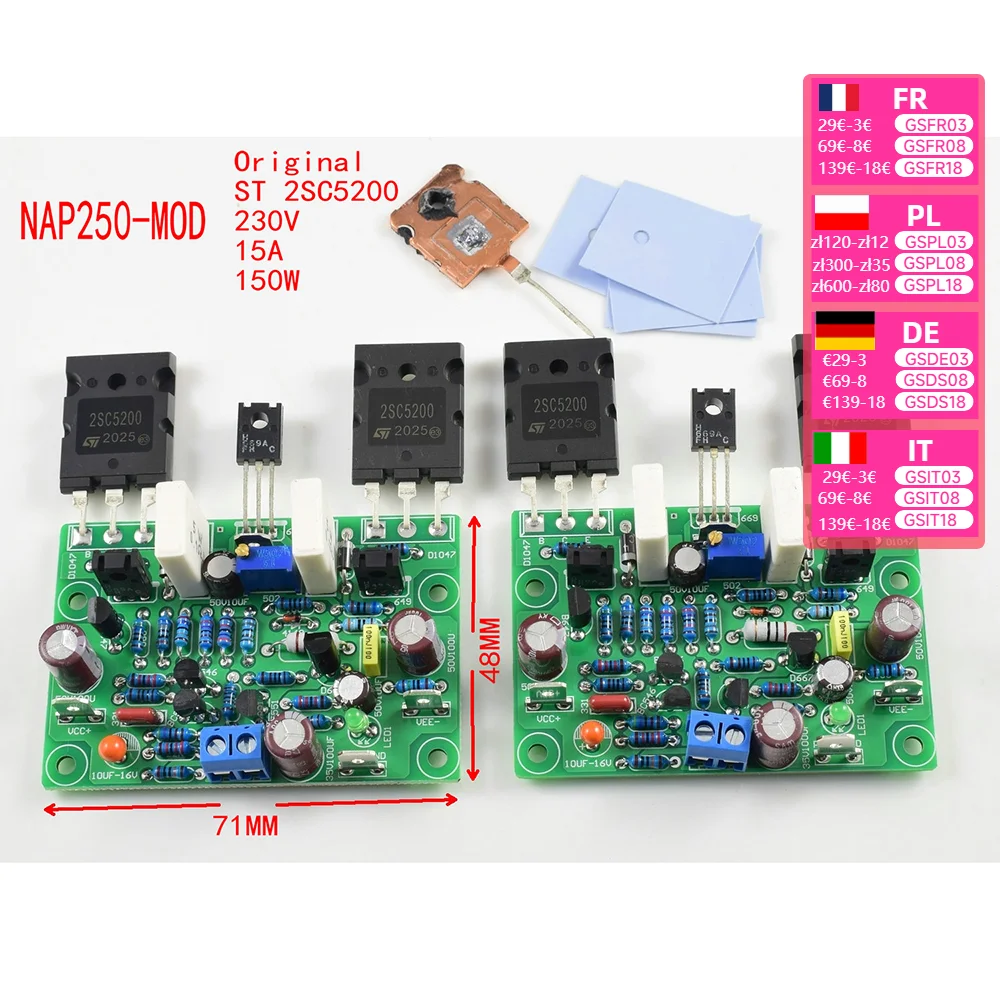 2pcs ST 2SC5200 Audio Amplifier 80W 8R NAIM NAP250 MOD VER4 DC15V-40V