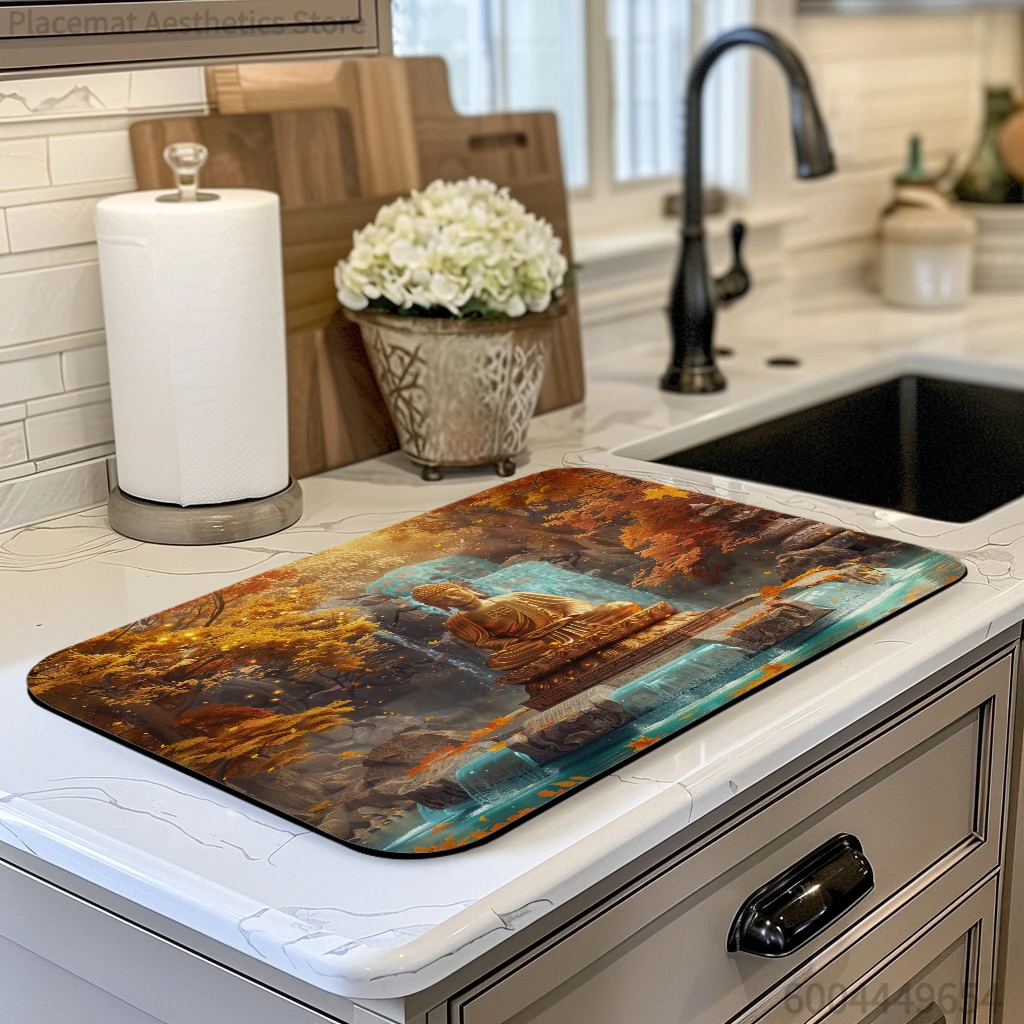 Antiskid Kitchen Absorbent Draining Mat Buddha Valley Lake Super  Draining Coffee Dish Drying Mat Quick Dry Bathroom Drain Pad