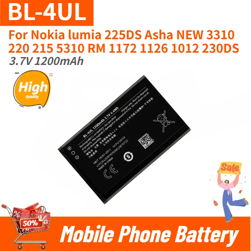 High Quality BL-4UL Phone Battery 3.7V 1200mAh for Nokia lumia 225DS Asha 215 225 230 5310 RM 1012 1172 1126 230DS Brand New