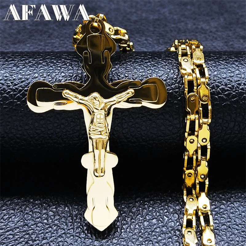 Christ Jesus Crucifix Cross Big Pendant Necklace for Men Stainless Gold Color Man Chain Necklaces Amulet Jewelry gargantilla