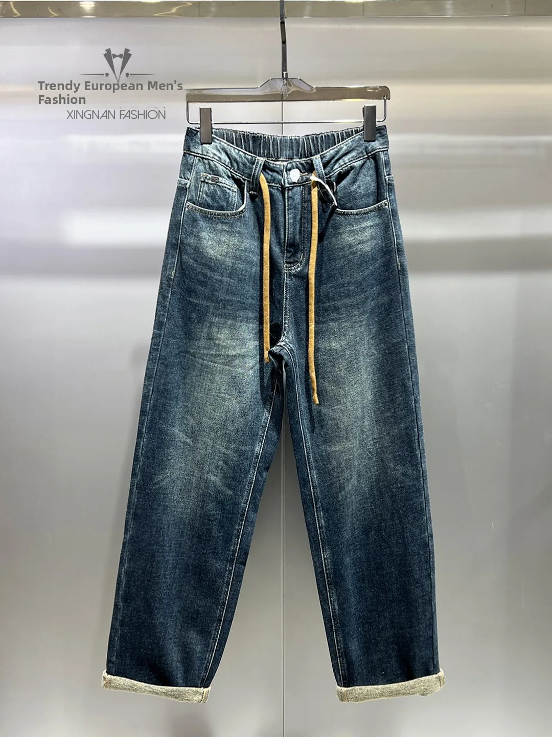 

Trendy Men's Loose Straight Leg Jeans Thiened Casual Waed Design Autumn Winter Luxury Feel Long Pants Straight Tube Jeans