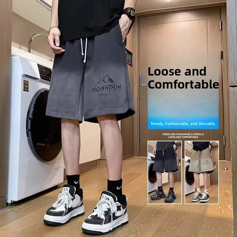 

American High Street Heavyweight Elastic Waist Casual orts Men's adient INS Trendy Loose Straight Five-Quarter Pants