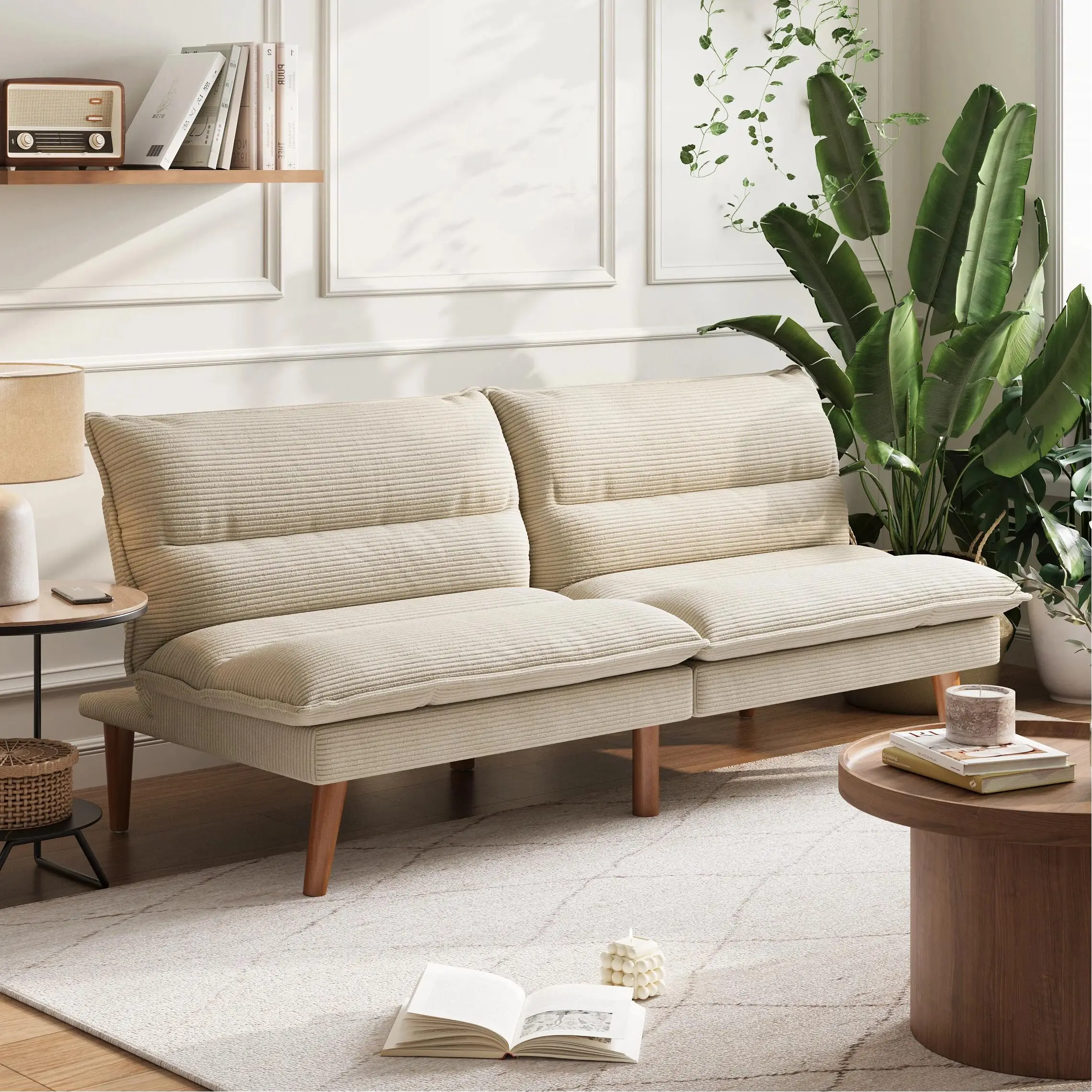 Futon a Bed, Corduroy Futon Couch with 3-Position Adjustable Backrest, Convertible a Bed Loveseat, Small Couches for