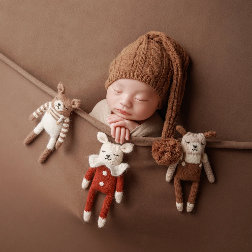 Stuffed Animal Toys Newborn Photography Props Knitted Mini Dolls Photo Big Ears Newborn Toys Baby Photography Accessories