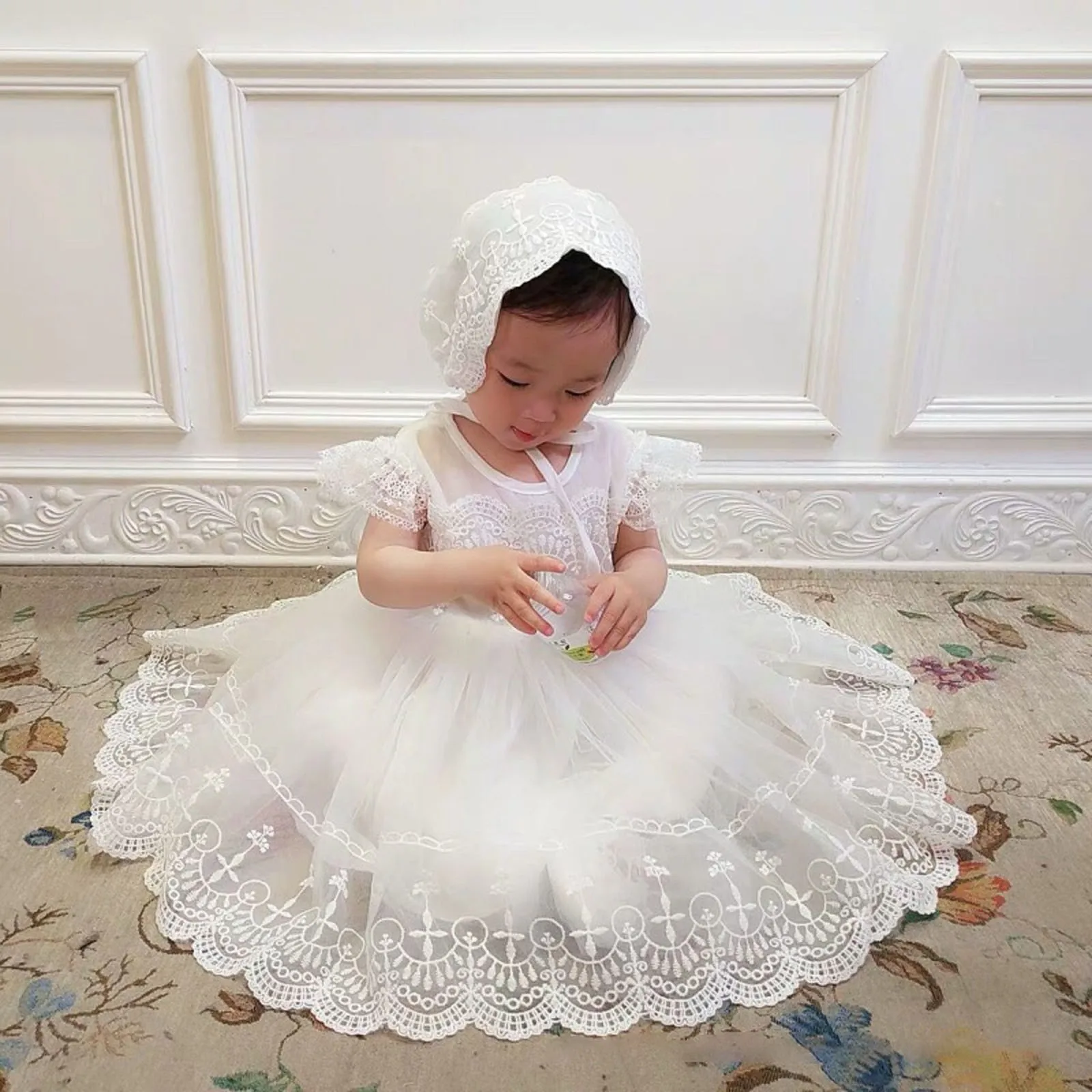 Baby Baptism Dress Newborn Wedding 1st Birthday Party Baby Girl Dress Lace Princess White Infant Baby Christening Gowns With Hat