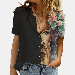 Vintage Women Patchwork Button Short Sleeve Blouse Summer Casual Loose Office Shirt Spring Femme 3XL Cats Printed Shirt Blusas