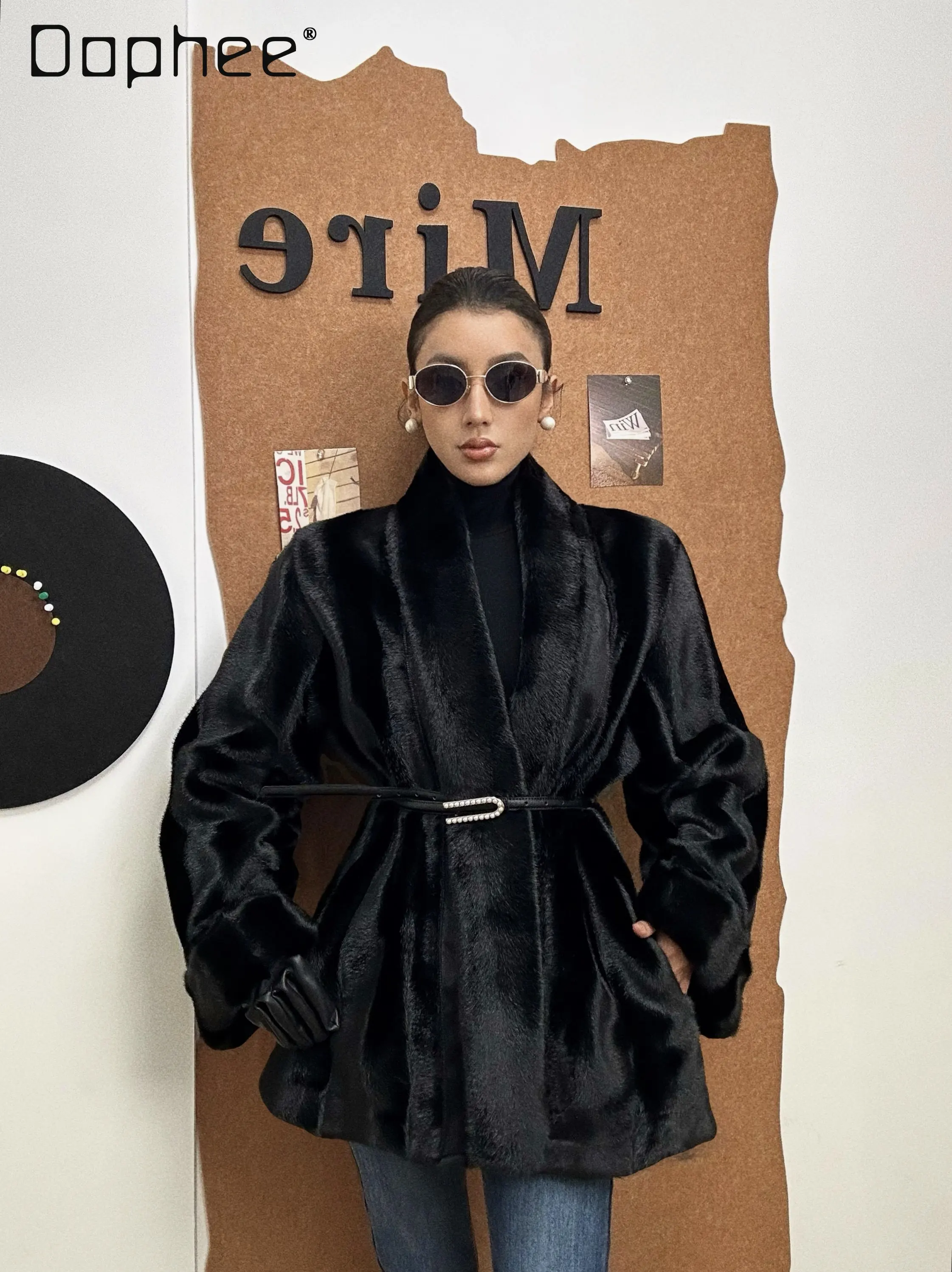 

High-End Imitation Mink Fur Coat Eco-Friendly Faux Fur Elegant Thickened Slimming Shearling Winter Fashion Black Faux Fur Coat