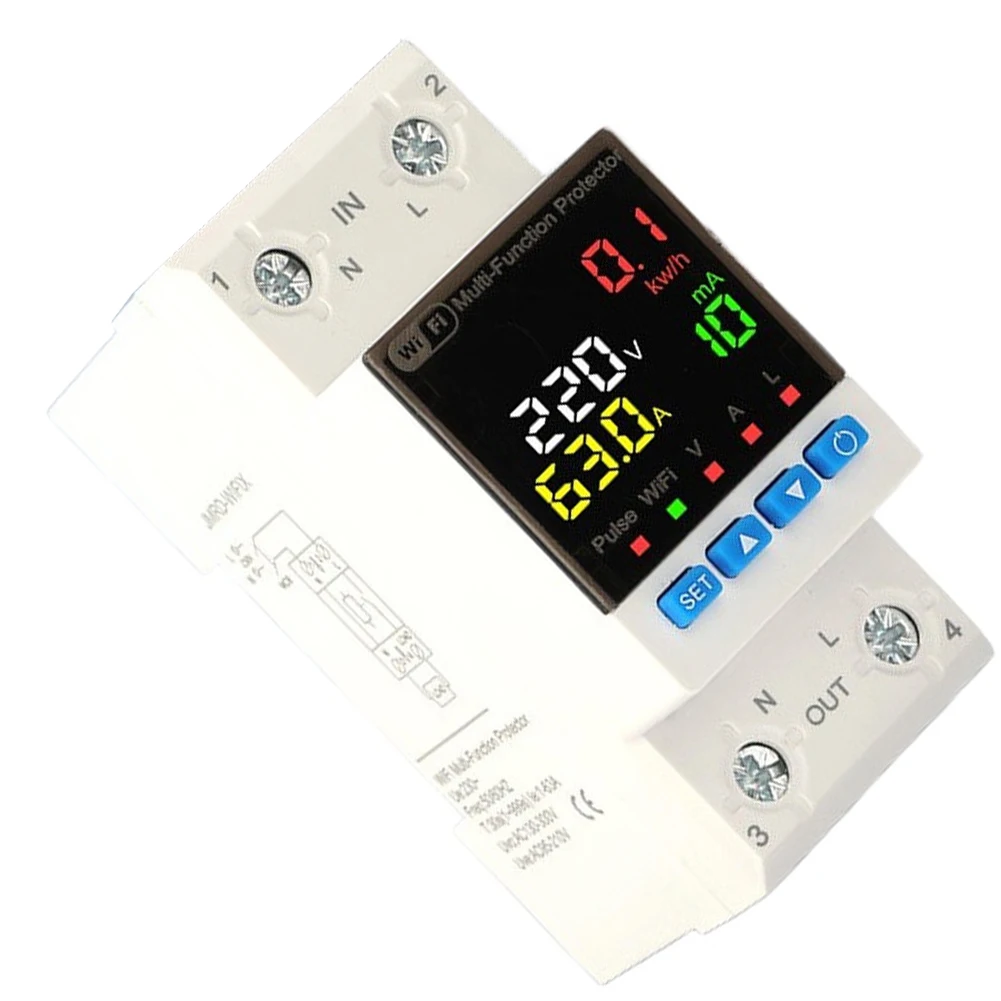 Over Under Voltage Protector with Auto Reclosing Current Monitoring and Energy Tracking for AC220V 63A Systems