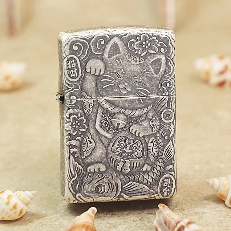 Genuine Zippo Ancient Silver Lucky Cat oil lighter copper windproof Kerosene lighters Gift with anti-counterfeiting code