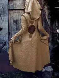 Women's Medieval Witch Cosplay Costume Retro Autumn Winter Lamb Wool Hooded Splicing Printed Cloak Coat Halloween Outwear
