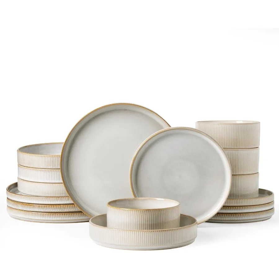 

Star Dinnerware Set with Pasta Bowls Service for 4 16pcs Ribbed Stoneware Plates and Bowls Dishes Sets for Home Dining Office M