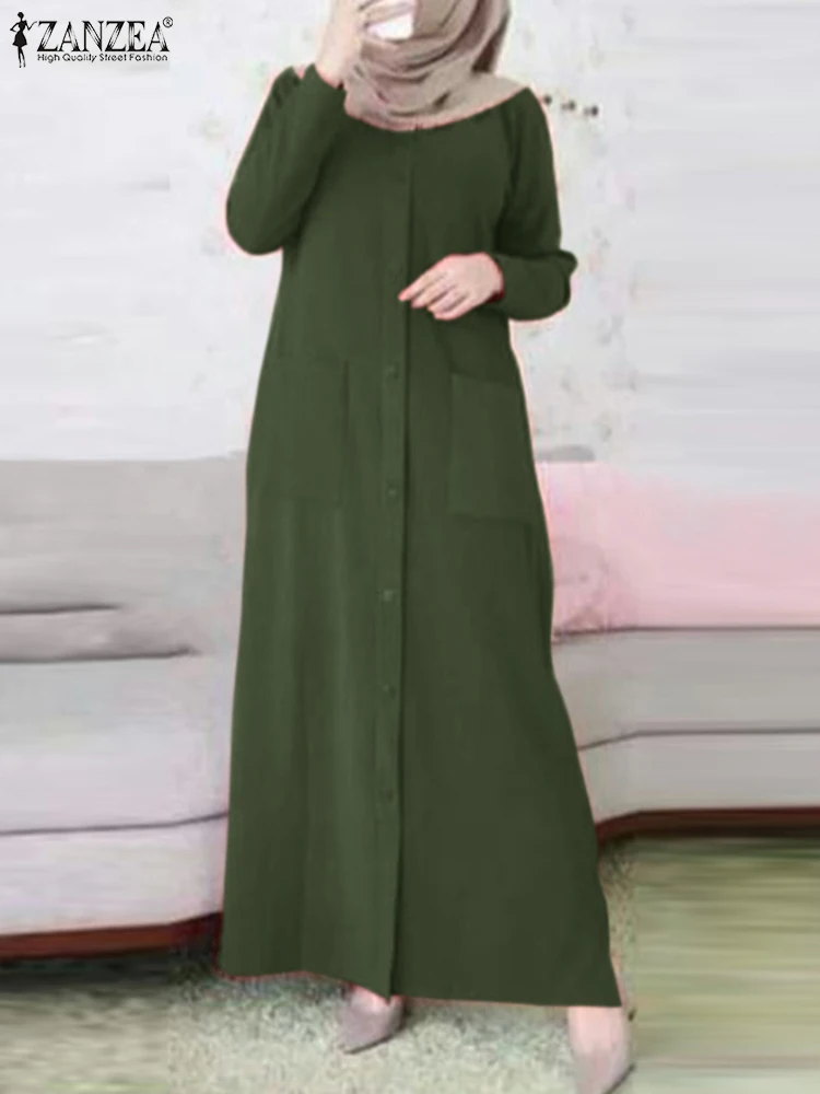 ZANZEA Eid Mubarek Robe Abayas For Women Muslim Maxi Long Dress Fashion Long Sleeve Sundress Islamic Clothing Turkey Vestido