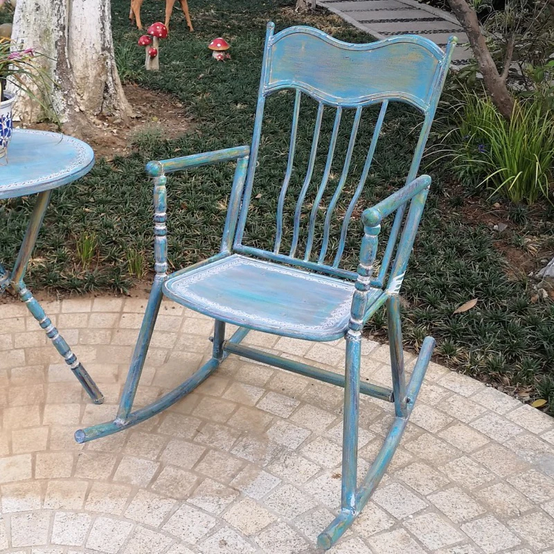 Vintage Blue Iron Garden Rocking Chair with Armrests