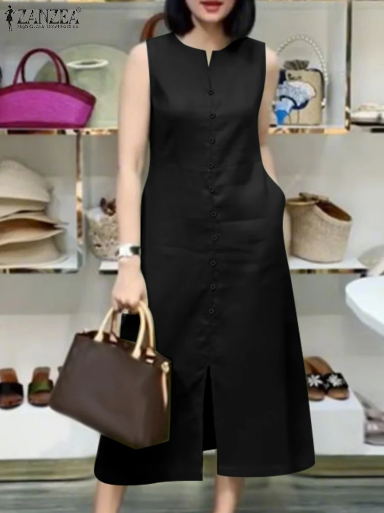 

Fashion Summer Sundress 2025 ZANZEA Women V Neck Sleeveless Solid Dress Casual Buttons Down Vestido Elegant Work OL Midi Dresses