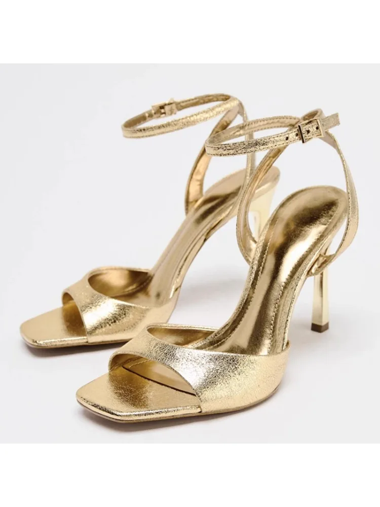 Sandales à talons hauts en cuir verni doré pour femmes, chaussures Sexy à bout carré et bout ouvert, à la mode, pour fête et bureau, été