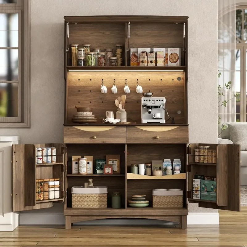 Tall Kitchen Pantry Cabinet Built-in Power Outlets LED Light Flip Up Door Pegboard Adjustable Shelves Kitchen Storage Hutch