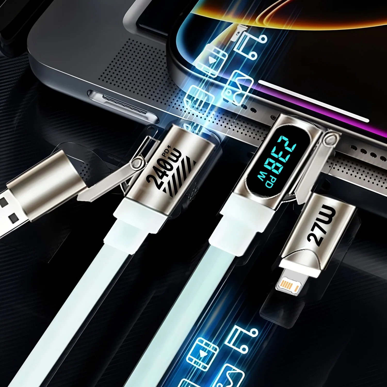 4 in 1 USB and Type C Cable to USB C and IP Data Cord PD240W LED Display Fast Charging USB A Wire for iPhone Xiaomi Tablet PD