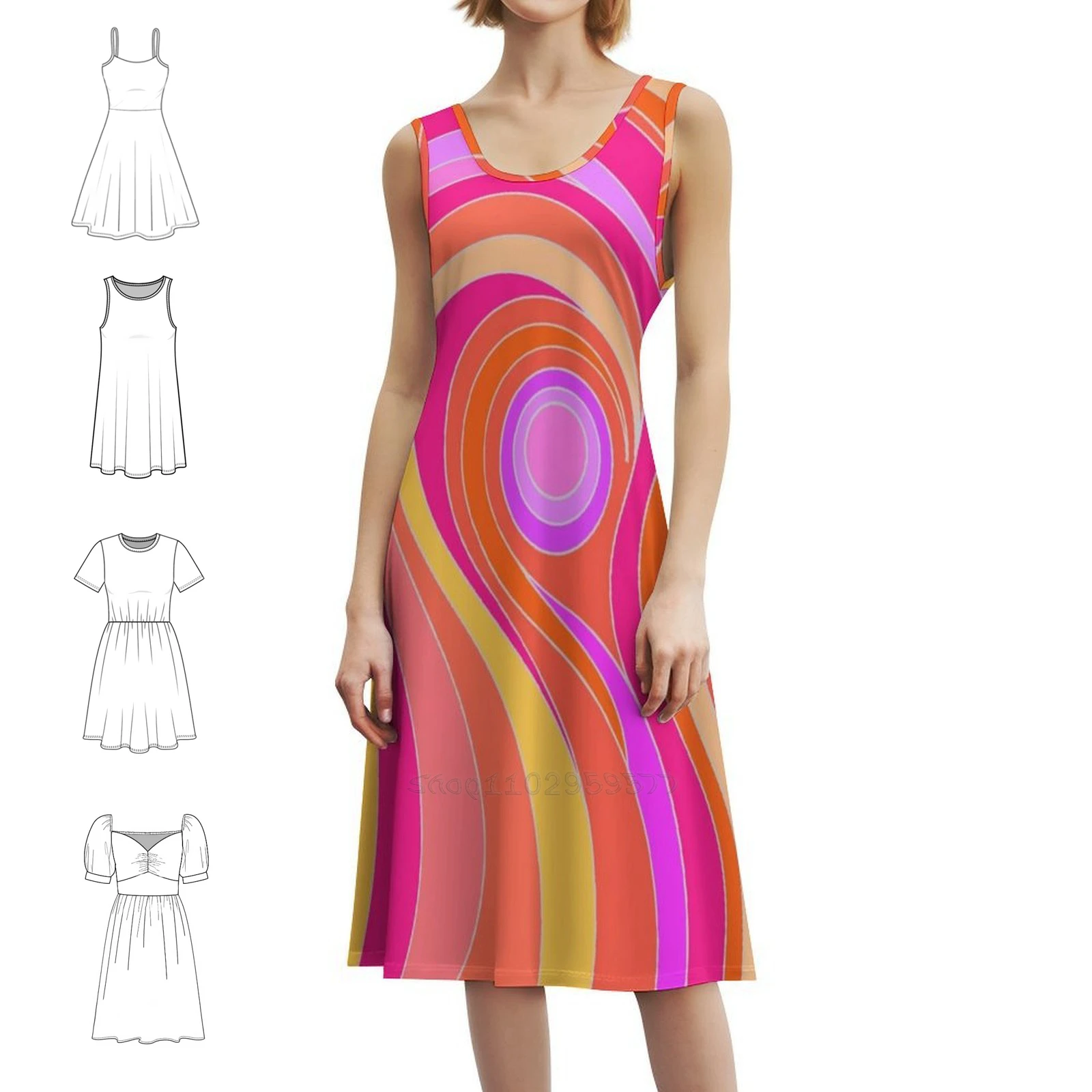 Rosa abstrato psicodélico retro design querida decote vestido elegante vestido de festa de verão para mulheres hippie flor vetor