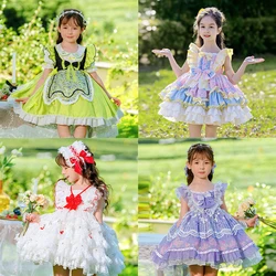 Lolita Dress Baby Girls Princess Costume Kids Summer Fluffy Lace Bow Floral Deluxe Tiered Skirt Children Birthday Party Vestido