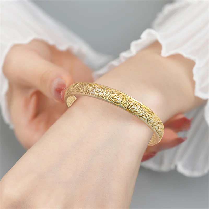 OUYADI Women 999 Fine Silver Gilt Tang Grass Pattern Open Cuff Bangle Hand‑Carved Scroll Vintage Fine Jewelry Present