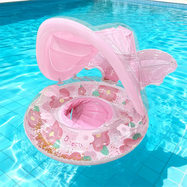 Internet Famous Cartoon Kids Swim Seat Ring Anti Rollover Thickened PVC Inflatable with Canopy Pocket for Water Entertainment