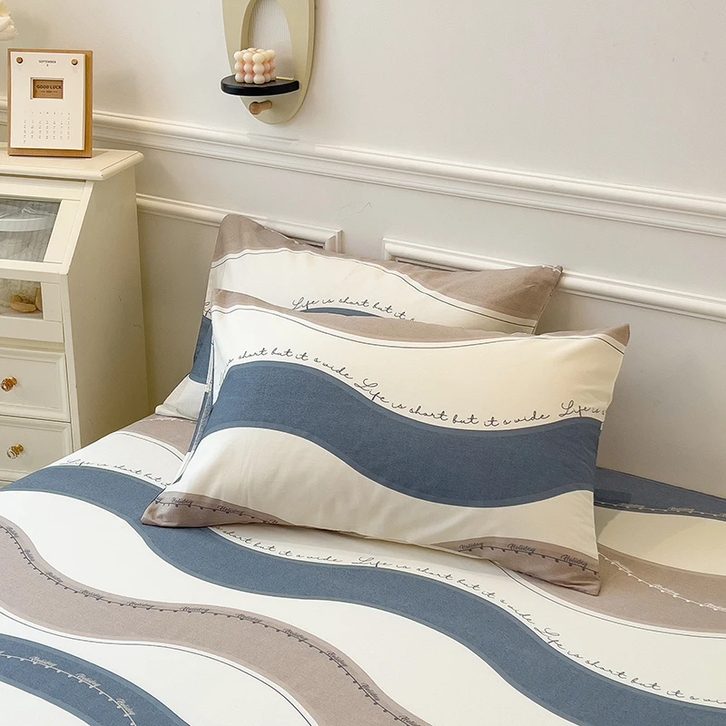 Geometric Cotton Flat Sheet Set Blue Khaki Wave Striped Beige Curve Bed Top Sheets 3Pcs Breathable Elegant Bedding for Women Men image 6