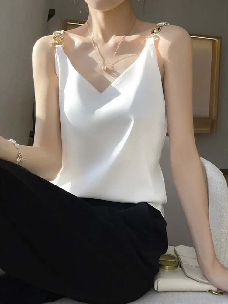 Wide Shoulder Straps Satin Sleeveless Women\'s T-shirt Fashion White V-neck Acetate Tank Top Temperament Elegant 2024 Summer Top