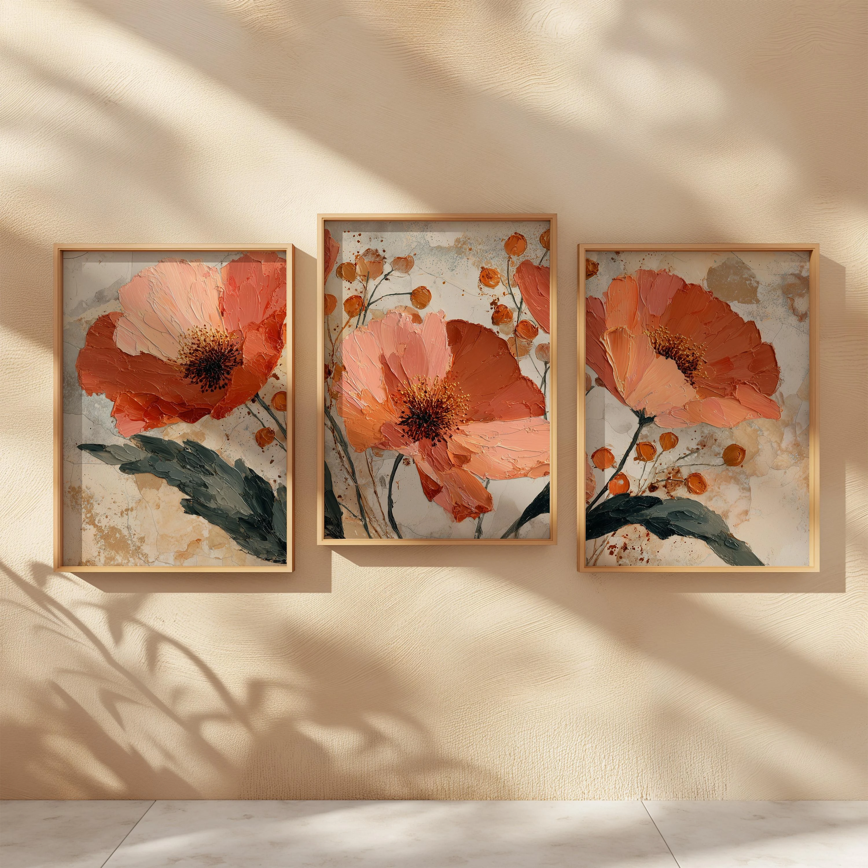 Impasto Textured Poppy Wall Art Set, Burnt Orange Terracotta Abstract Floral Canvas Prints, Neutral Boho Minimalist Home Decor