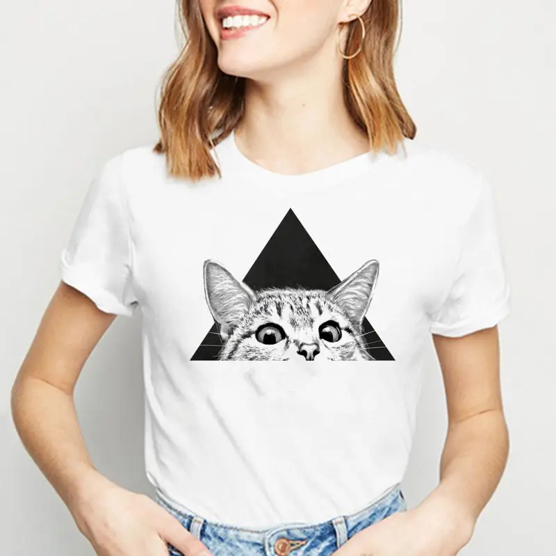 Cartoon Triangle cat Women's t-shirts Summer New Casual Loose Tshirt Plus Size Short Sleeve O-Neck Funny t shirt