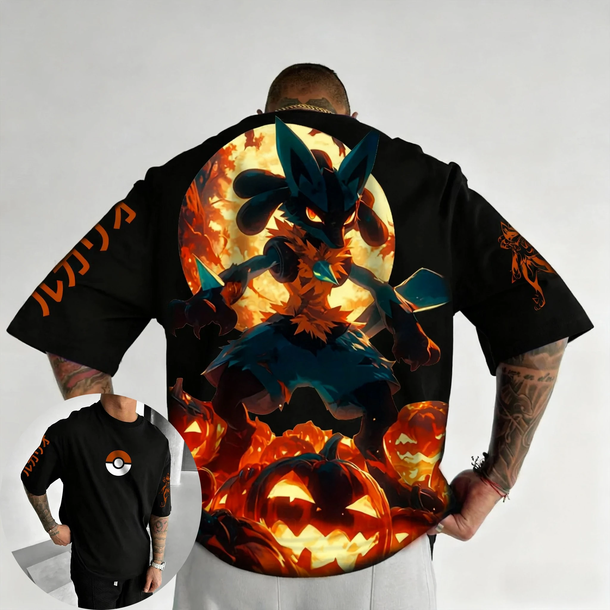 

Футболка с изображением Покемона на Хэллоуин для родителей и детей, лето 2029, новинка Lucario, американский модный повседневный свободный топ с короткими рукавами и принтом аниме