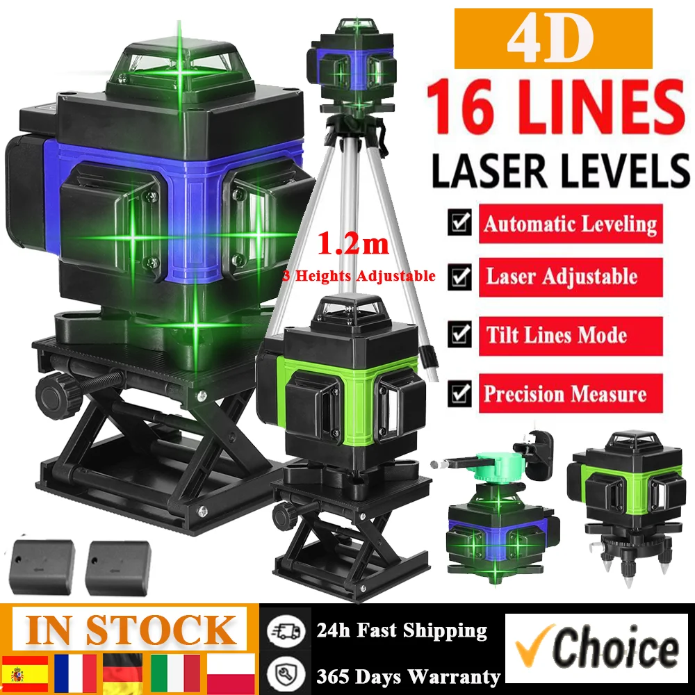 4D 16 Lines Laser Level 360 ° Self-leveling Machine USB Rechargeable Lithium Battery Leveling Tool with Adjustable Tripod Stand