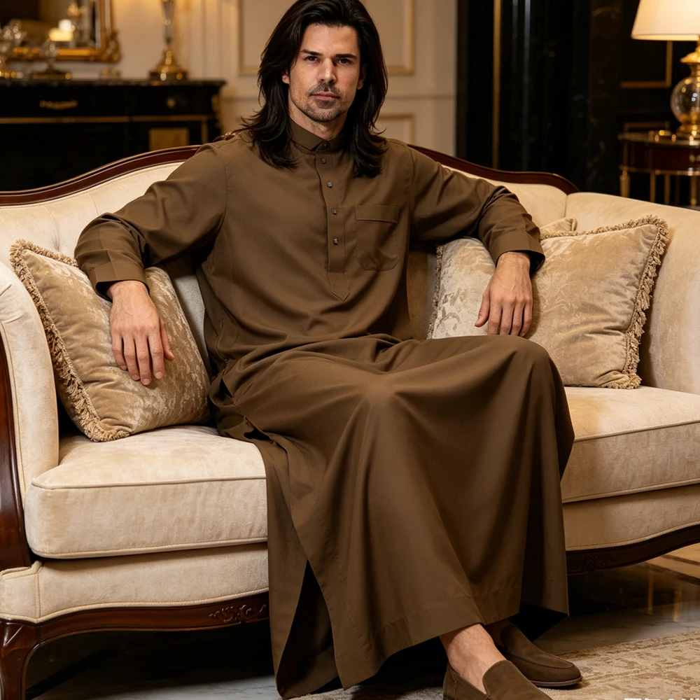 

Dubai Man Robe Jubba Thobe Muslim Dress Saudi Arab Thoub Caftan Long Sleeve Pocket Djellaba Islam Clothing Daffah Dishdasha Gown