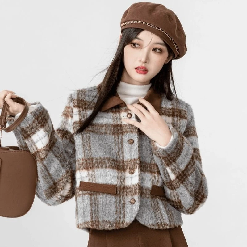 العصرية صغيرة المرأة الخريف الشتاء منقوشة معطف الصوف قصيرة المألوف الكورية نمط سترة صوفية ملابس خارجية الإناث #2