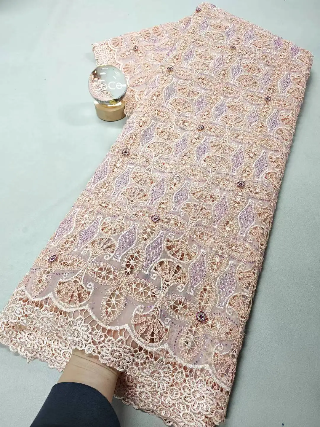 

2025 African Nigerian High-Quality Embroidery Lace Fabric Tulle Sequins Organza for Wedding Party Dresses 5Yards XL128