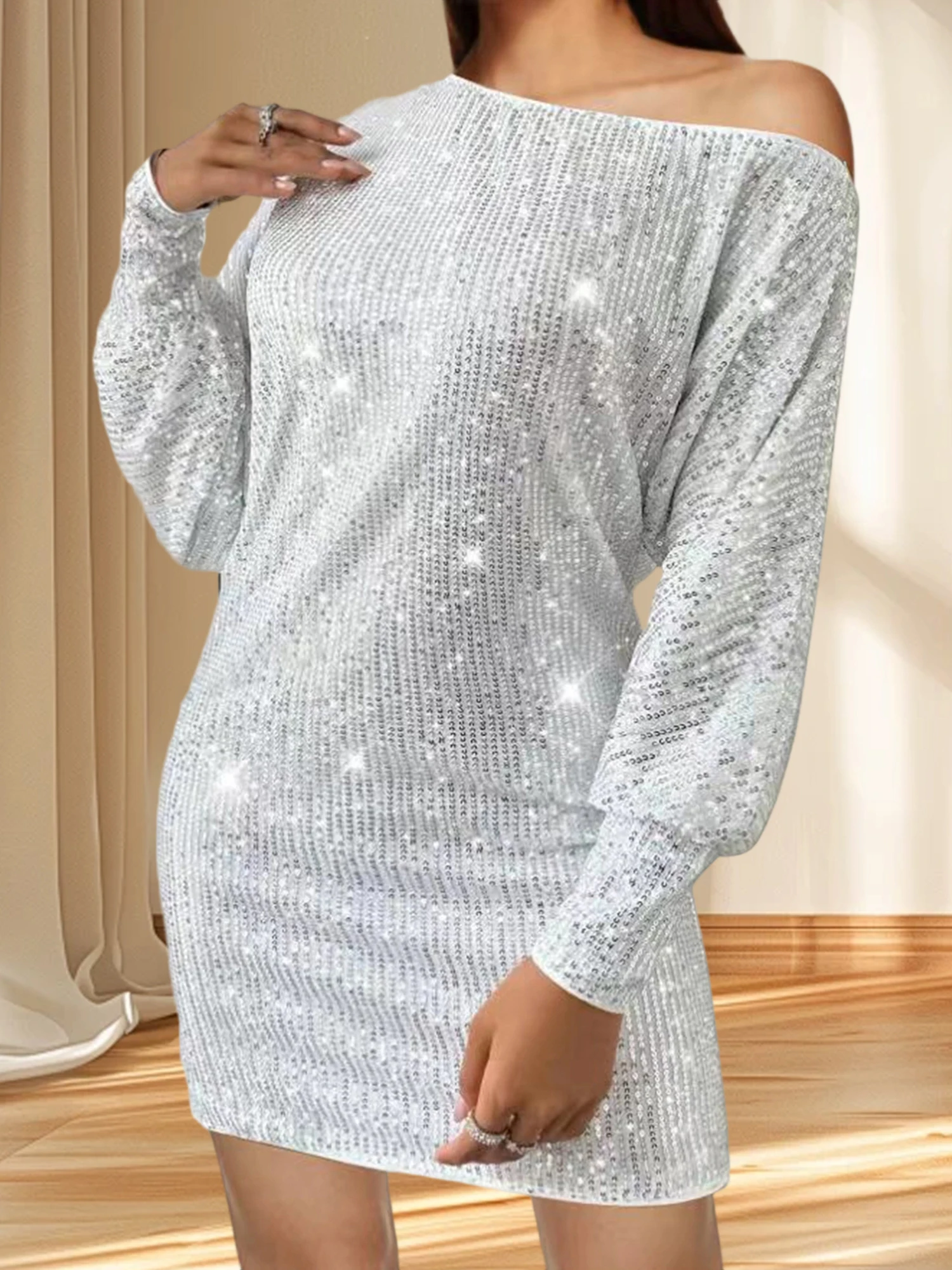 Elegante abito da donna con paillettes con scollo a V, vita increspata e orlo svasato, perfetto per feste serali ed eventi