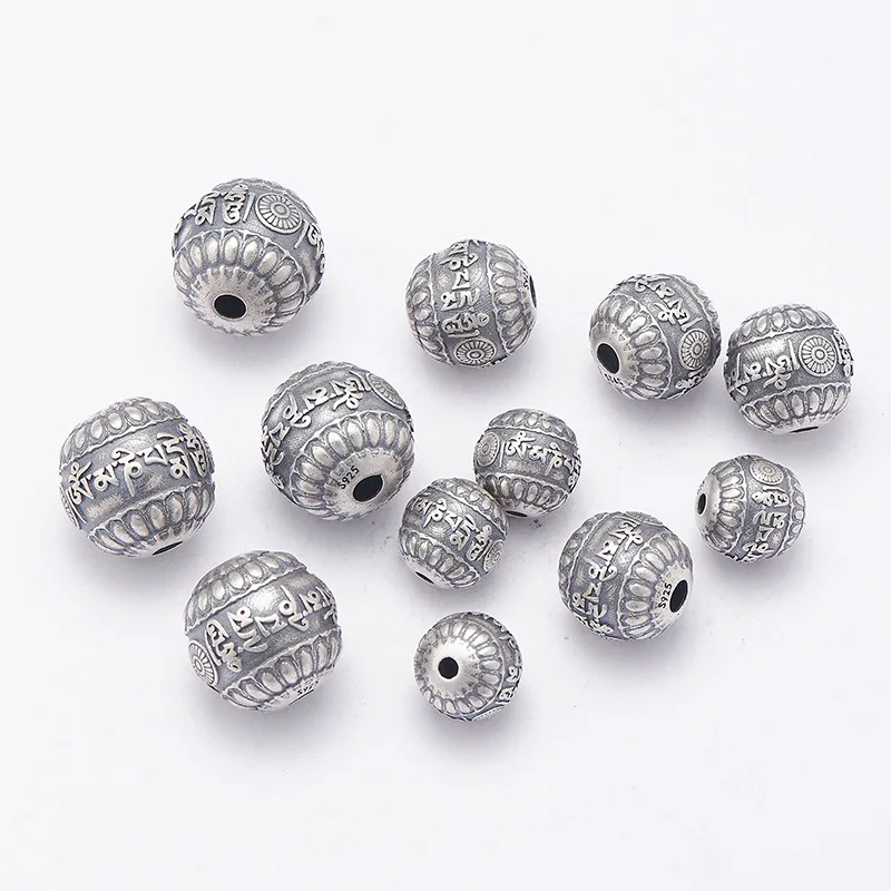 Handmade 925 Silver Tibetan Six Words Beads Buddhist OM Loose Bead Good Luck Jewelry Findings