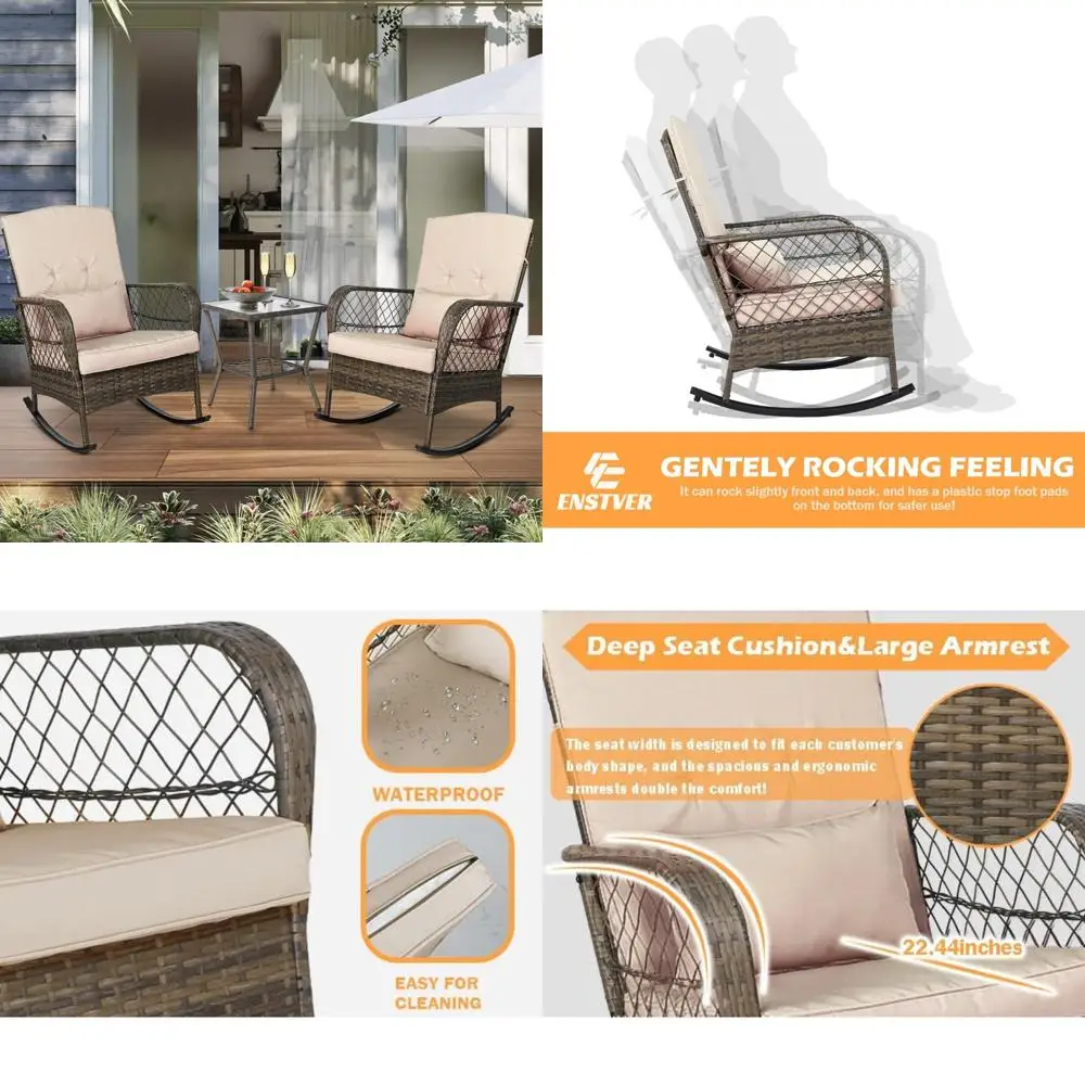 

3-Piece Outdoor Patio Conversation Set with 2 Wicker Rocking Chairs and Glass Table for Garden, Backyard, Lawn Porch in Beige