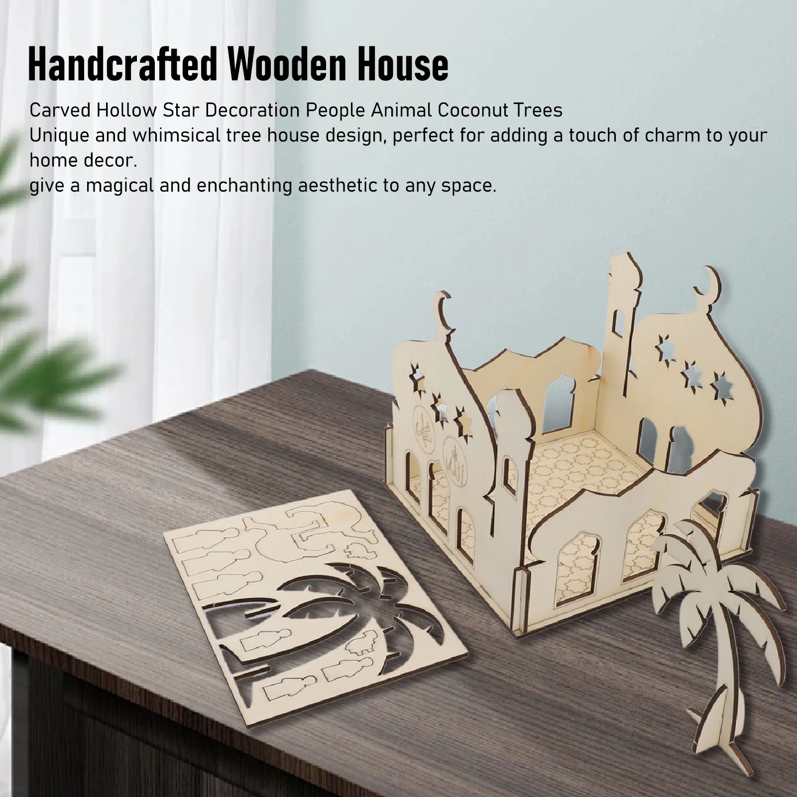 Enchanting Wooden House Ornament With Carved Hollow Star Decoration Handcrafted People Animal Coconut Trees Wood Ornaments