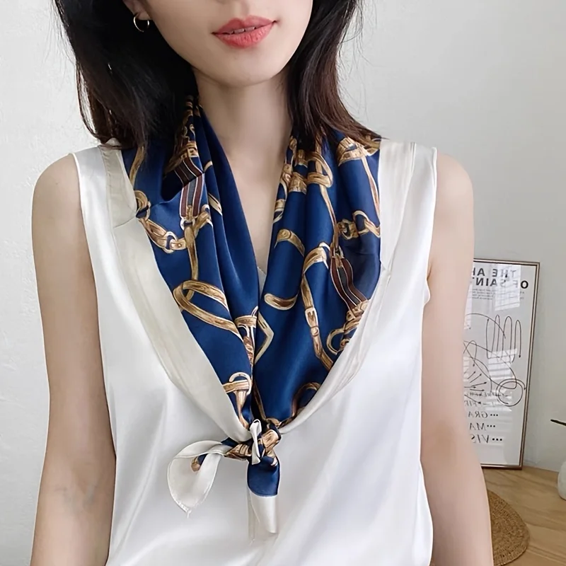 1pcs 70cm Stirrup Chain Printed Silk Scarf Women Imitation Silk Trendy Temperament Headwear Bag Decoration Clothing Square Scarf