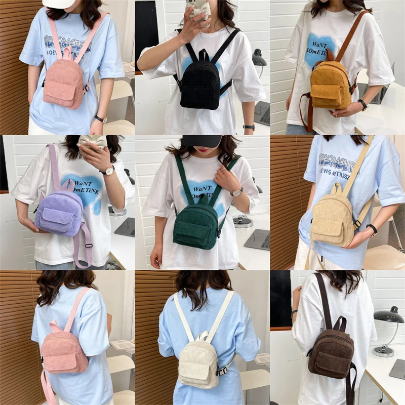 Tas ransel MINI ผ้าลูกฟูกสีทึบกระเป๋าสำหรับไปโรงเรียนเป้สะพายหลังสำหรับกระเป๋าเป้ขนาดเล็กน้ำหนักเบา