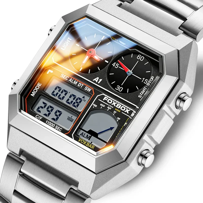 

FOXBOX Top Brand Luxury Stainless Steel Chrono Sport Watches Men Back Light Display Digital Wristwatch 3Bar Waterproof Reloj+Box
