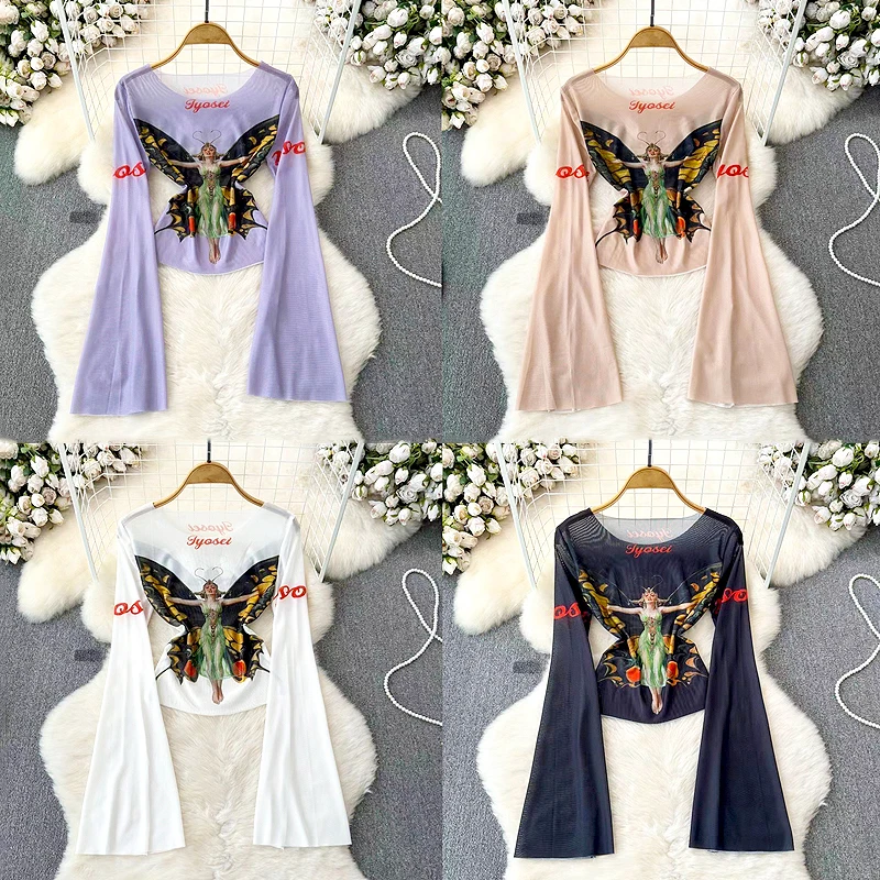 Mesh Retro Print Classic T-Shirt Women Casual Aesthetic O-neck Long Sleeve Elastic Tops Hipster Female Gorgeous Outerwear SL093