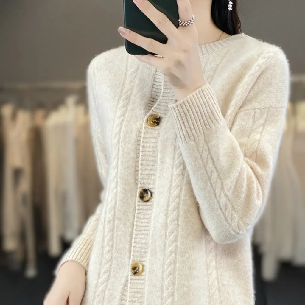 

Women's Korean Style Retro Twist round Neck Knitted Cardigan Solid Color Loose Slimming Elegant Autumn Winter Commuter Fashion