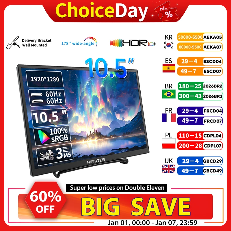 HGFRTEE 10.5 Polegada Monitor Portátil 1280P 100%sRGB Baixa Exibição de Extensão de Luz Azul Para XBox PS4/5 Switch Celular PC Loptop