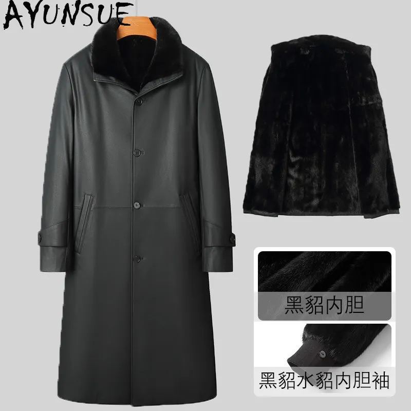 AYUNSUE Long 100% Cowhide Genuine Leather Jacket Men Winter Luxury Mink Fur Liner Parkas Warm Fur Trench Coats High Quality 2026