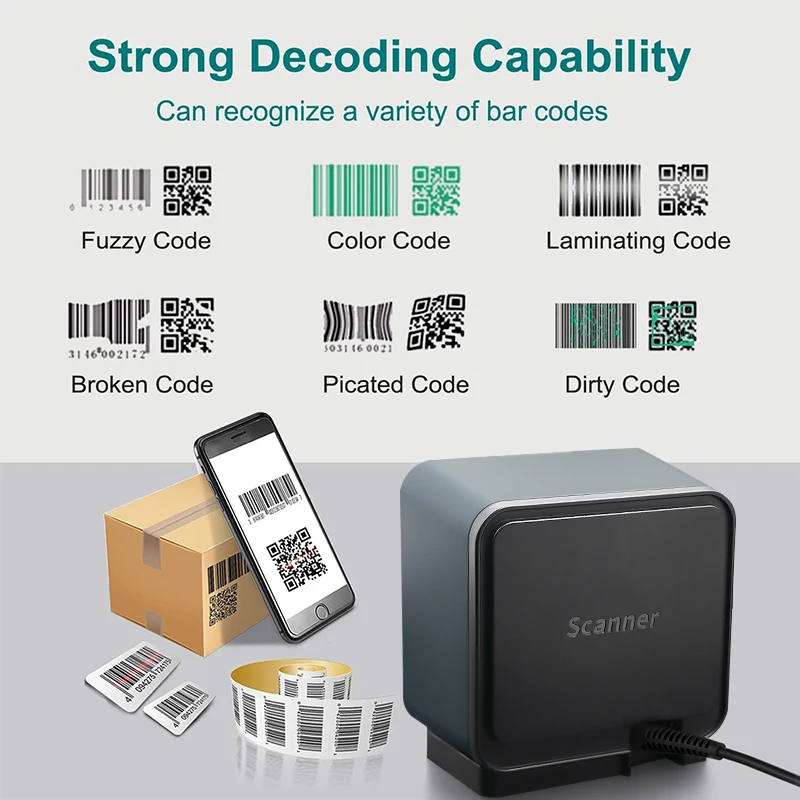 2D Handsfree Barcode Scanner QR Omnidirectional Desktop Scanner, USB Wired  Big Scan Window Barcode Reader