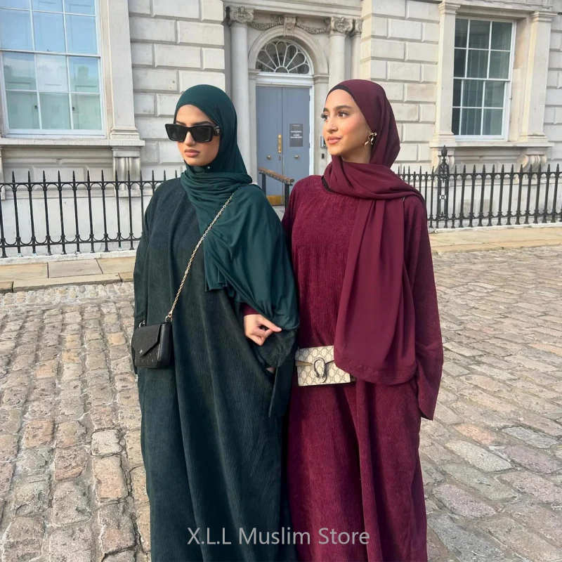 Muslim Women's Clothing Corduroy Abaya Turkey New 2024 Warm Winter Moroccan Clothes Plus Size Eid Ramadan Kaftan Robe Clothing